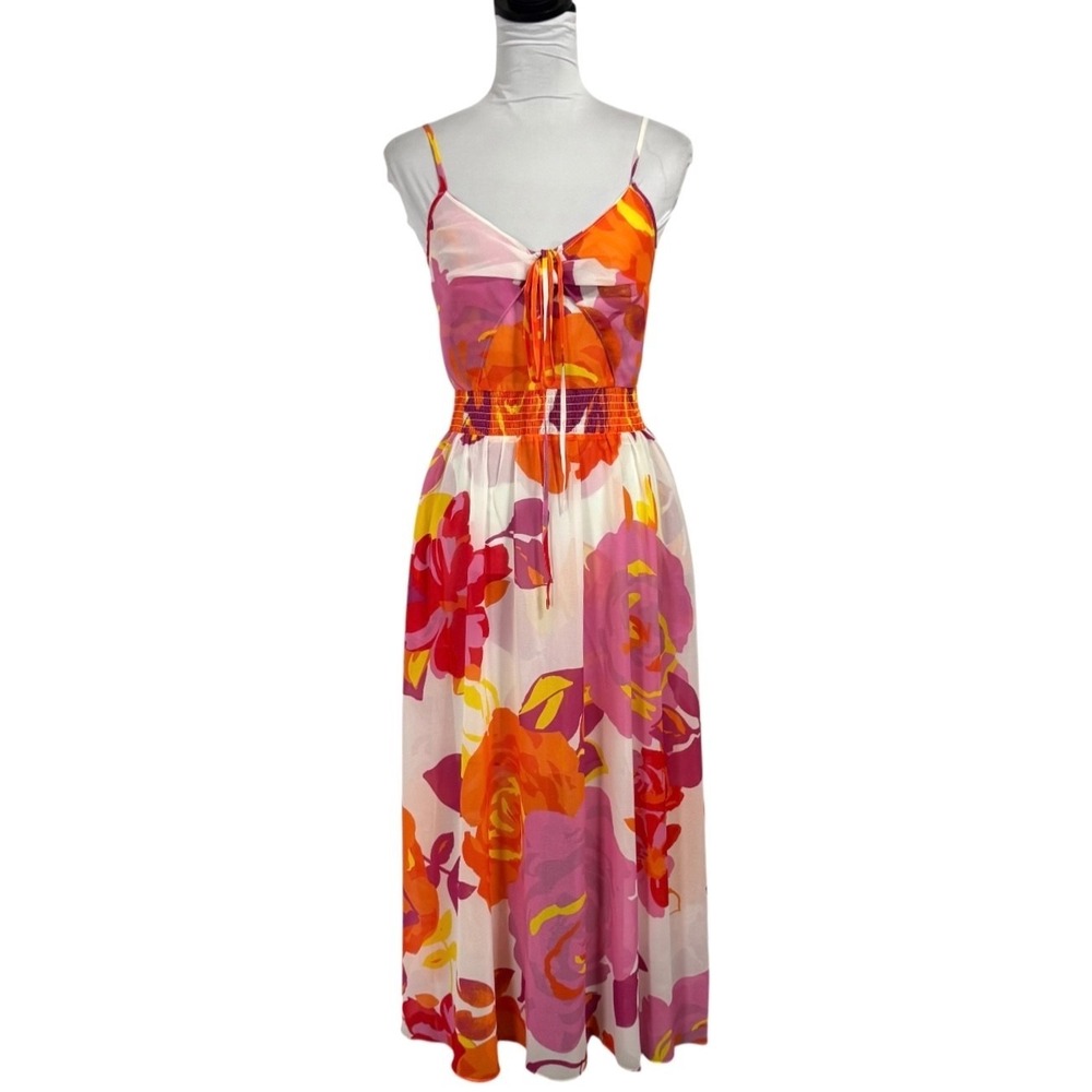 TOCCIN RTR Floral Chiffon Maxi Dress 2 XS Sheer Empire Spaghetti Tropical Resort